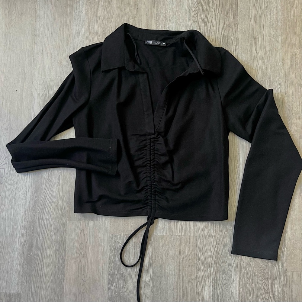 Zara Black Long Sleeve V Neck Ruched Top